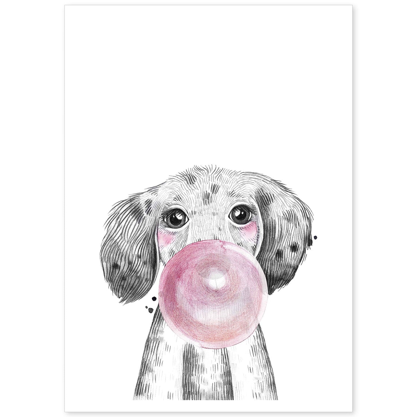 Lámina infantil Perro bebe con chicle rosa poster animales infantiles-Artwork-Nacnic-A4-Sin marco-Nacnic Estudio SL