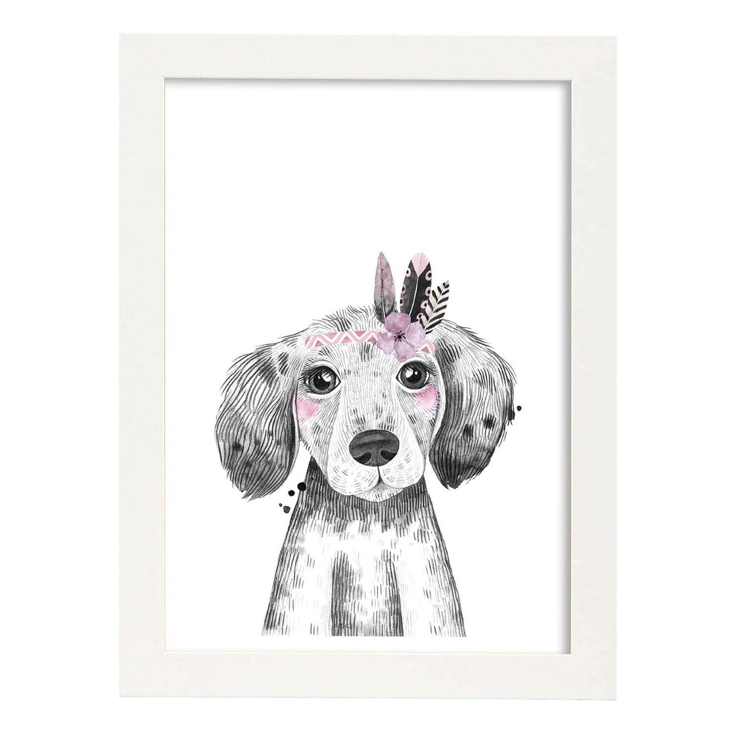 Lámina infantil Perro bebe con flores y plumas poster animales infantiles-Artwork-Nacnic-A3-Marco Blanco-Nacnic Estudio SL
