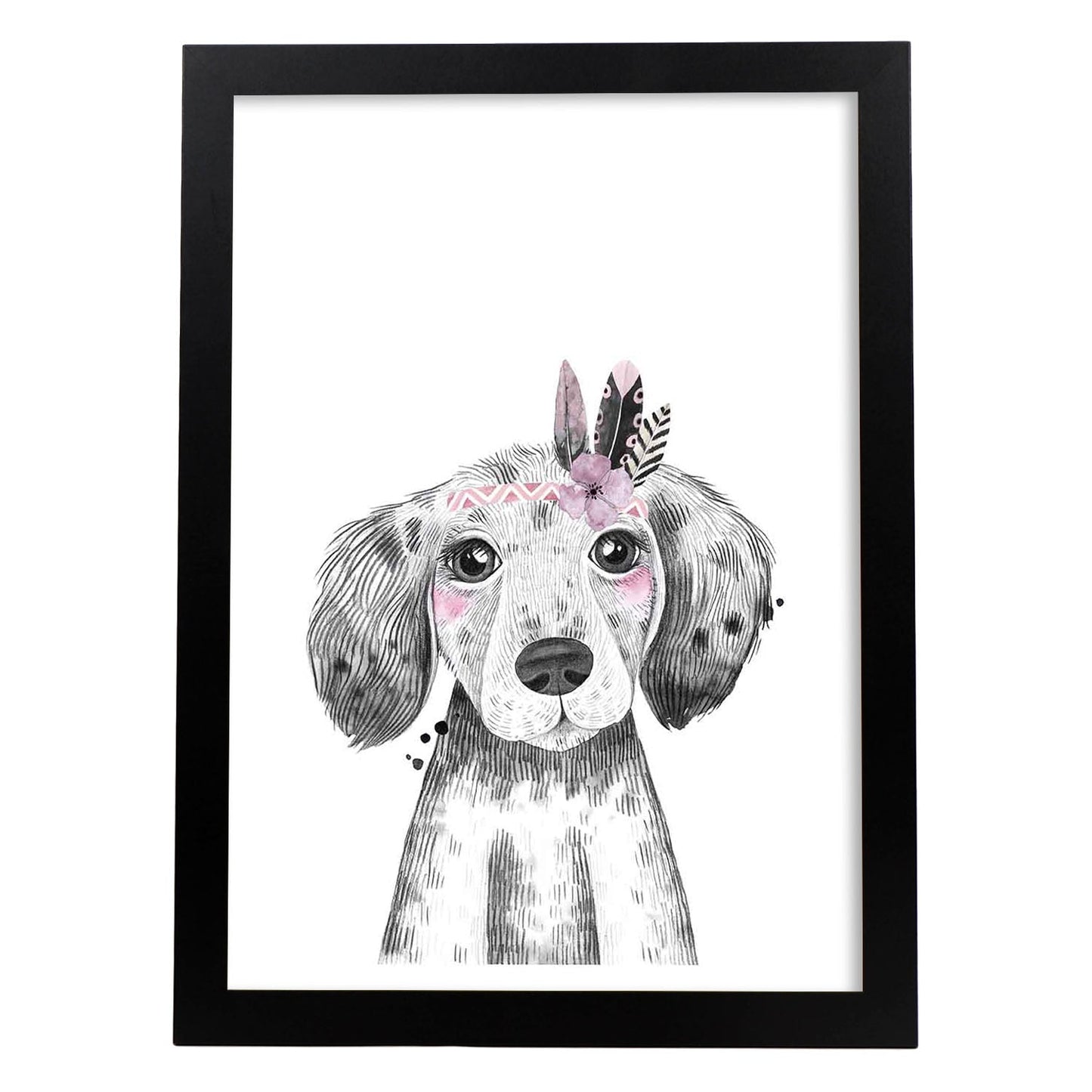 Lámina infantil Perro bebe con flores y plumas poster animales infantiles-Artwork-Nacnic-A3-Marco Negro-Nacnic Estudio SL