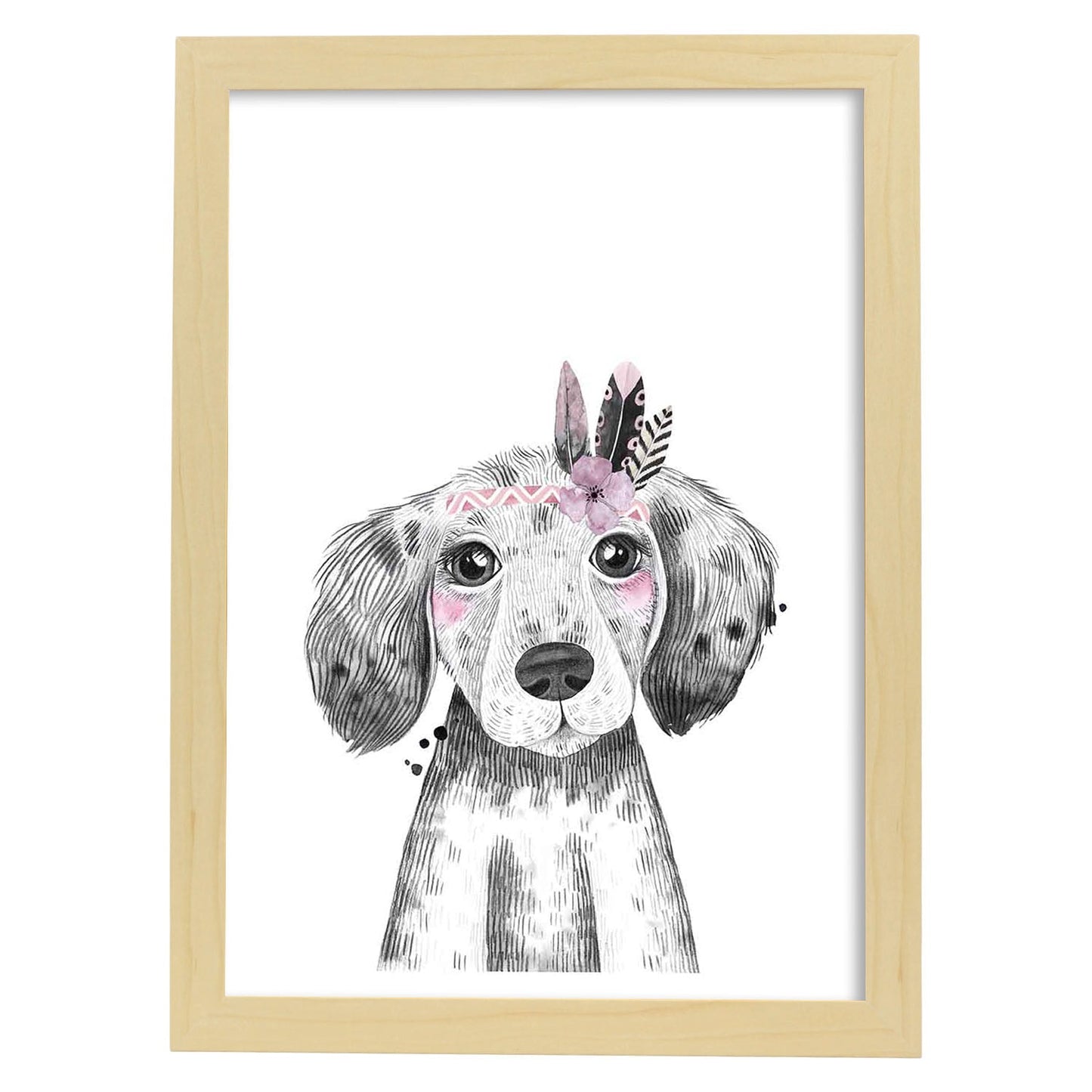 Lámina infantil Perro bebe con flores y plumas poster animales infantiles-Artwork-Nacnic-A4-Marco Madera clara-Nacnic Estudio SL