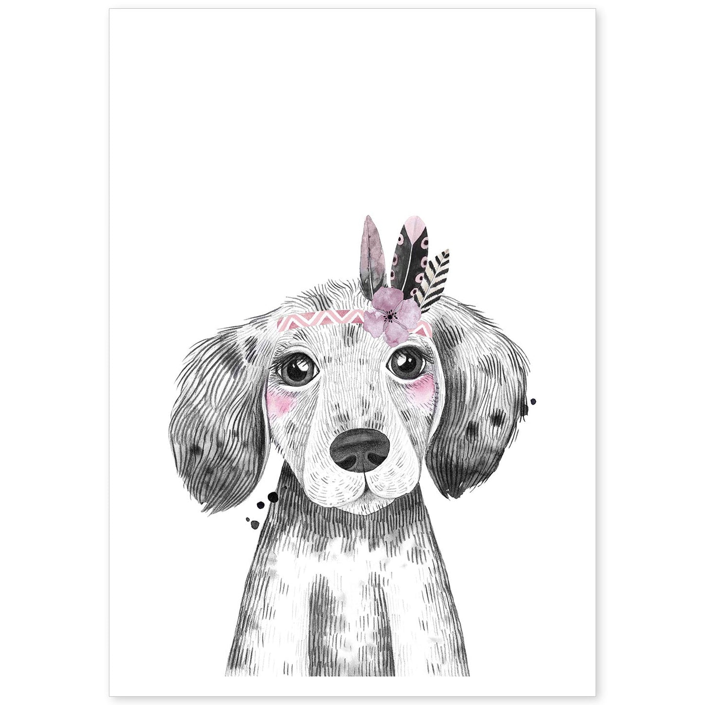 Lámina infantil Perro bebe con flores y plumas poster animales infantiles-Artwork-Nacnic-A4-Sin marco-Nacnic Estudio SL