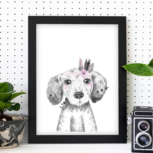 Lámina infantil Perro bebe con flores y plumas poster animales infantiles-Artwork-Nacnic-Nacnic Estudio SL