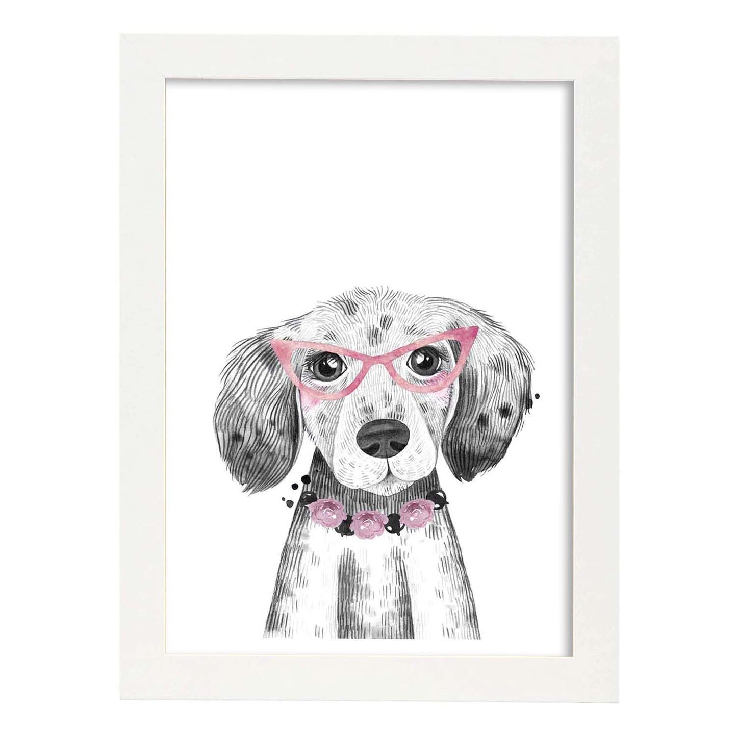 Lámina infantil Perro bebe con gafas y flores poster animales infantiles-Artwork-Nacnic-A4-Marco Blanco-Nacnic Estudio SL