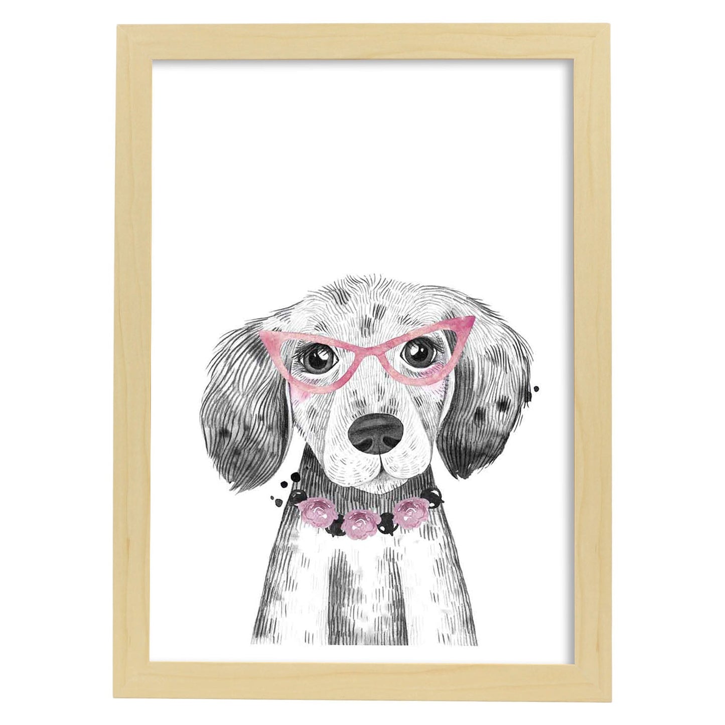 Lámina infantil Perro bebe con gafas y flores poster animales infantiles-Artwork-Nacnic-A4-Marco Madera clara-Nacnic Estudio SL