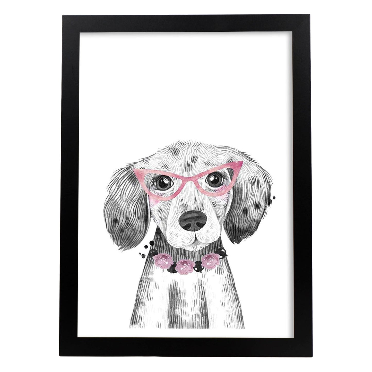 Lámina infantil Perro bebe con gafas y flores poster animales infantiles-Artwork-Nacnic-A4-Marco Negro-Nacnic Estudio SL