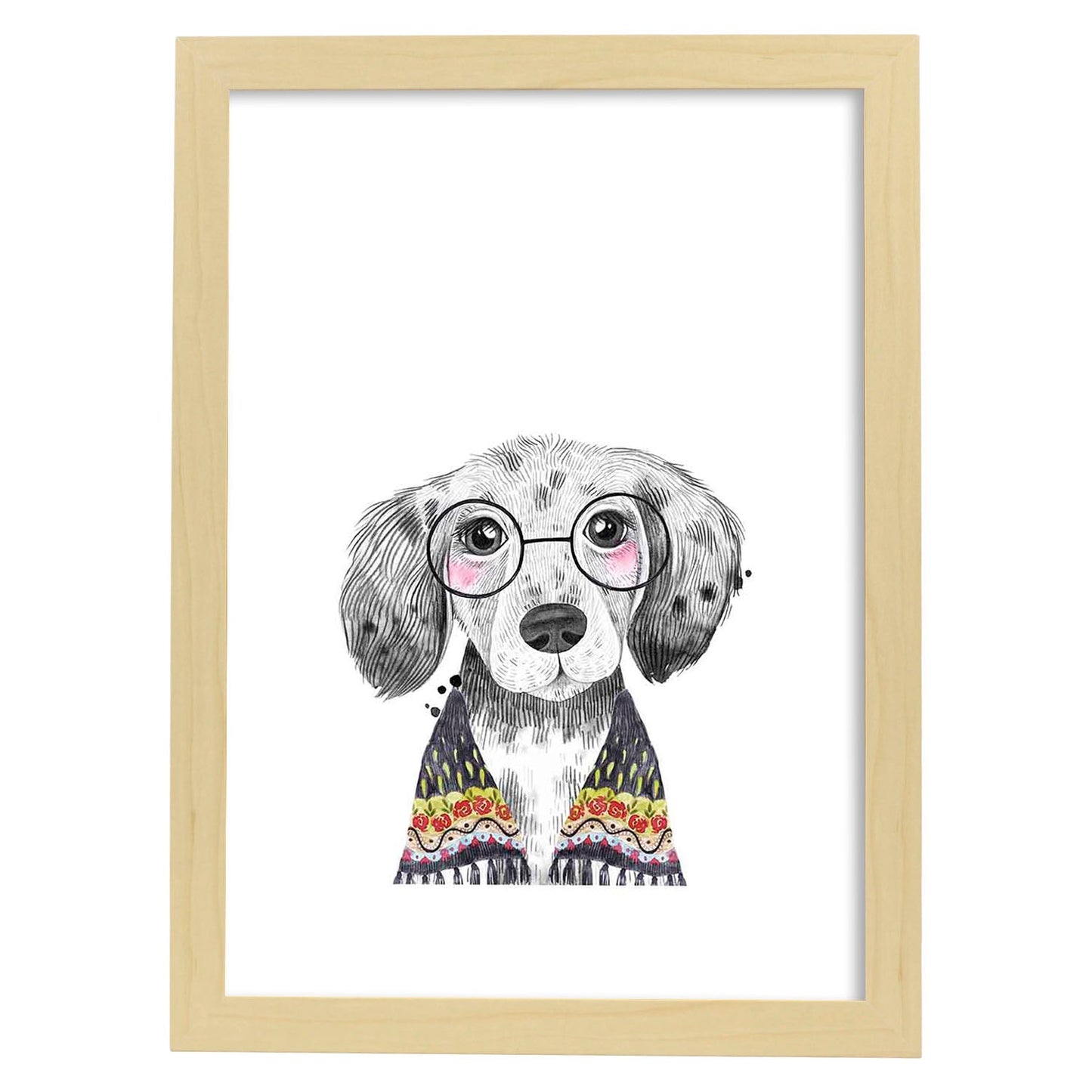 Lámina infantil Perro bebe con gafas y pañuelo Poster animales infantiles-Artwork-Nacnic-A3-Marco Madera clara-Nacnic Estudio SL
