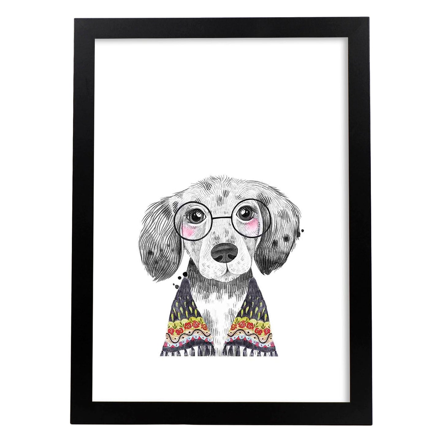 Lámina infantil Perro bebe con gafas y pañuelo Poster animales infantiles-Artwork-Nacnic-A4-Marco Negro-Nacnic Estudio SL