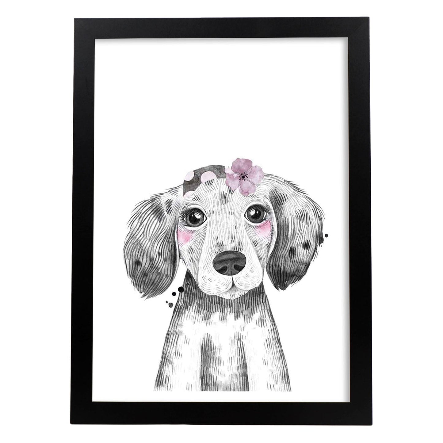 Lámina infantil Perro bebe con pañuelo y flor Poster animales infantiles-Artwork-Nacnic-A3-Marco Negro-Nacnic Estudio SL