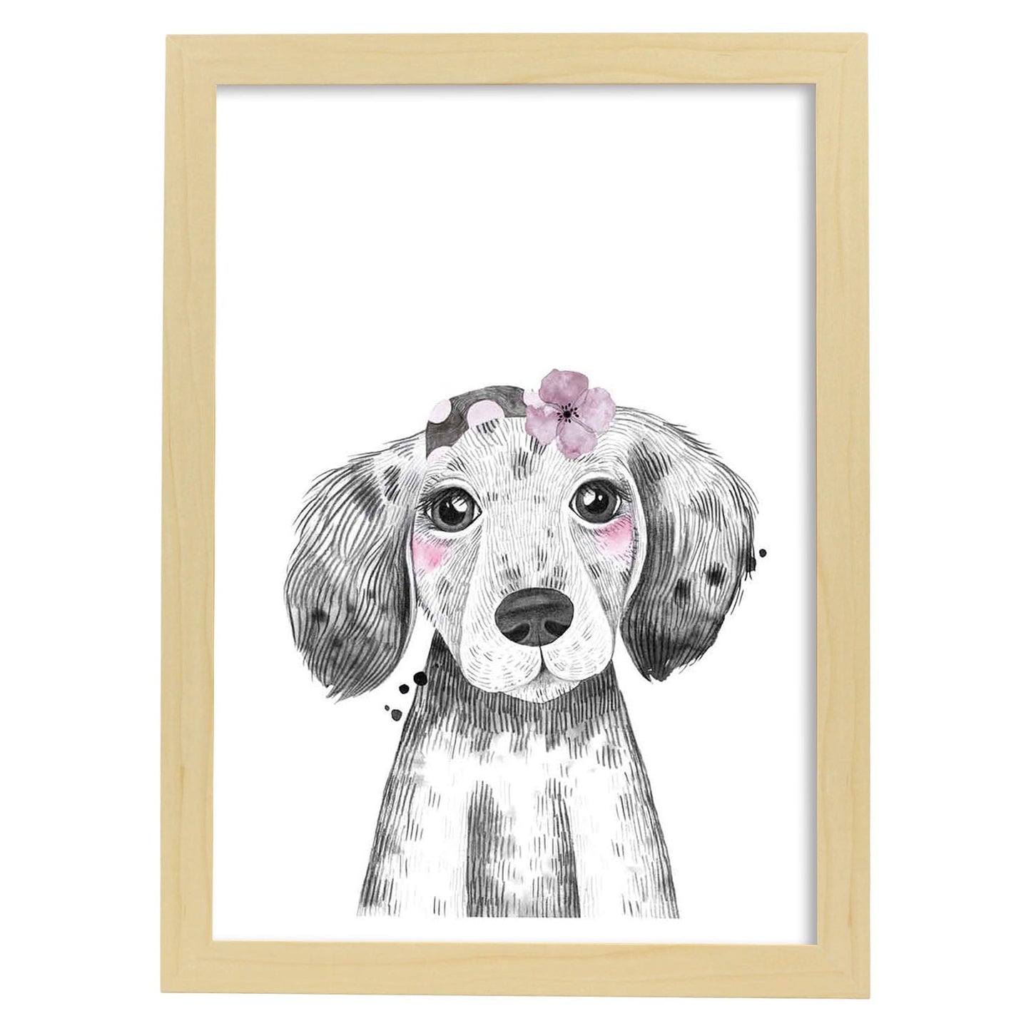Lámina infantil Perro bebe con pañuelo y flor Poster animales infantiles-Artwork-Nacnic-A4-Marco Madera clara-Nacnic Estudio SL