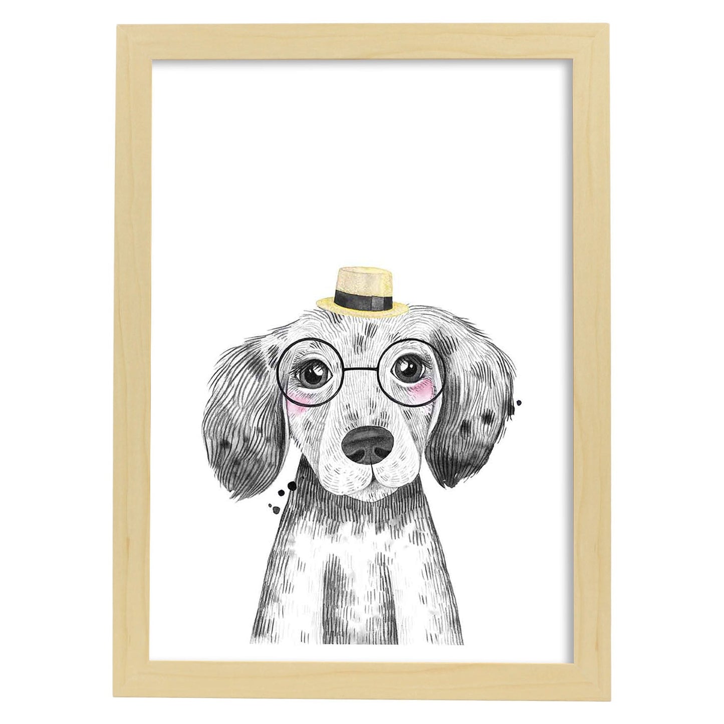 Lámina infantil Perro bebe con sombrero y gafas Poster animales infantiles-Artwork-Nacnic-A3-Marco Madera clara-Nacnic Estudio SL