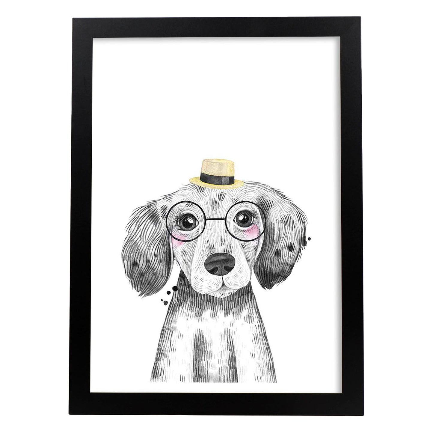 Lámina infantil Perro bebe con sombrero y gafas Poster animales infantiles-Artwork-Nacnic-A3-Marco Negro-Nacnic Estudio SL