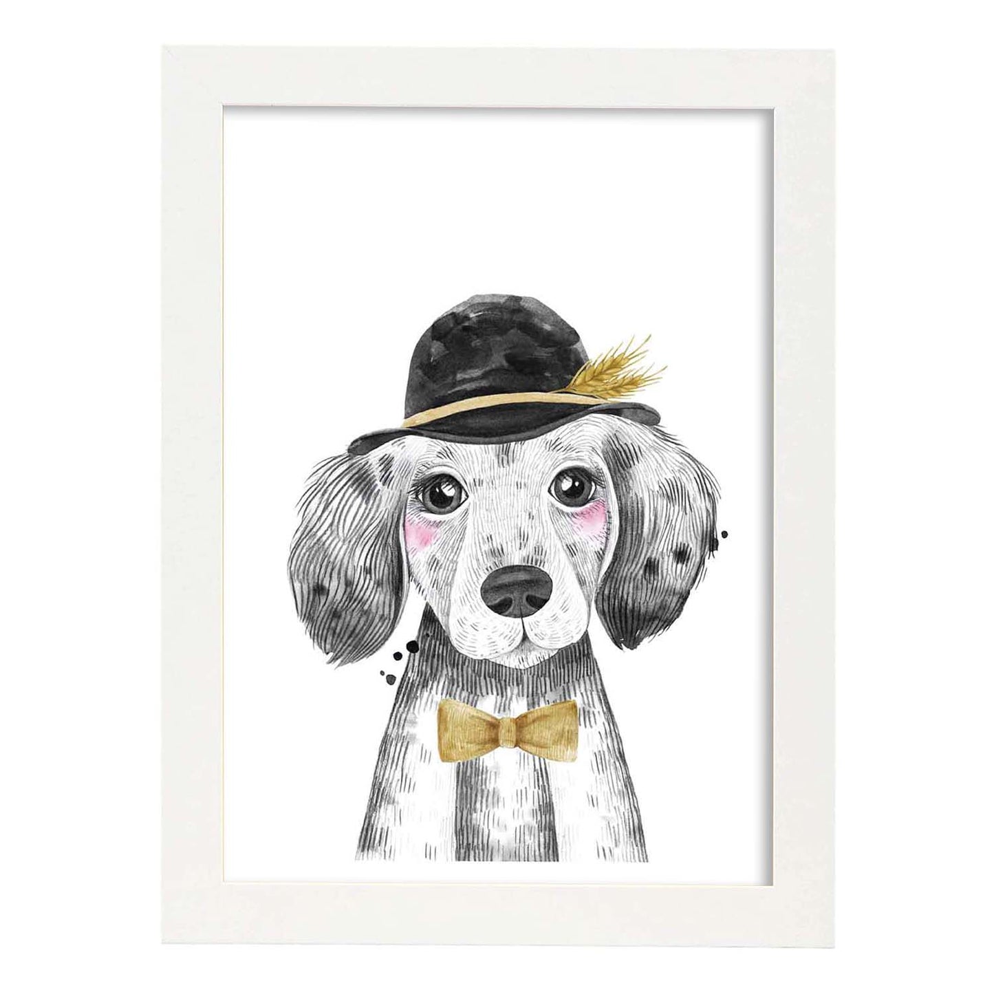 Lámina infantil Perro bebe con sombrero y pajarita poster animales infantiles-Artwork-Nacnic-A3-Marco Blanco-Nacnic Estudio SL