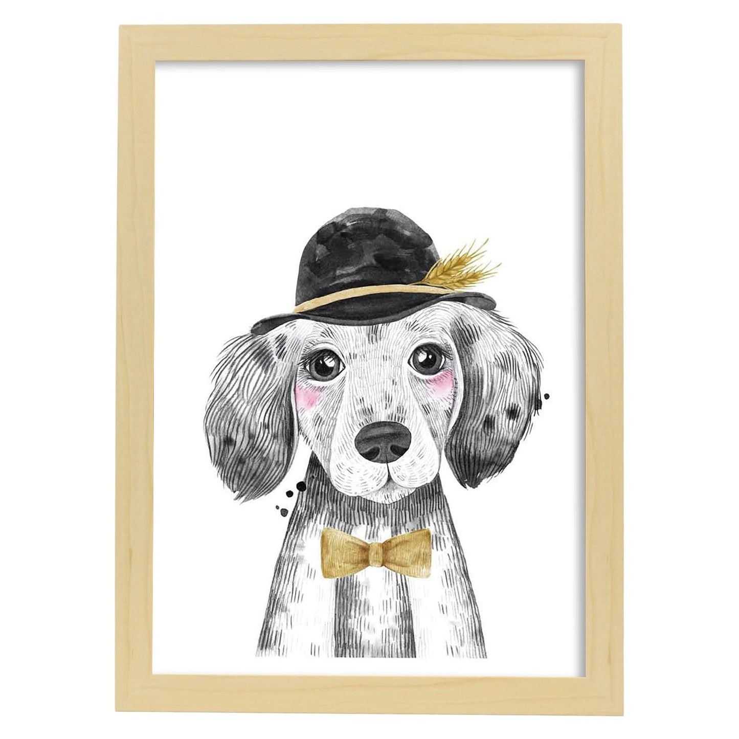 Lámina infantil Perro bebe con sombrero y pajarita poster animales infantiles-Artwork-Nacnic-A3-Marco Madera clara-Nacnic Estudio SL