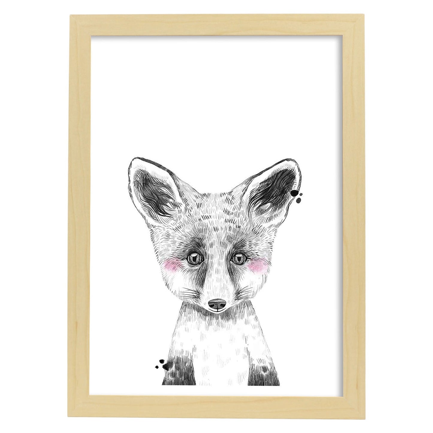 Lámina infantil Zorro infantil blanco y negro poster de animales infantiles-Artwork-Nacnic-A4-Marco Madera clara-Nacnic Estudio SL