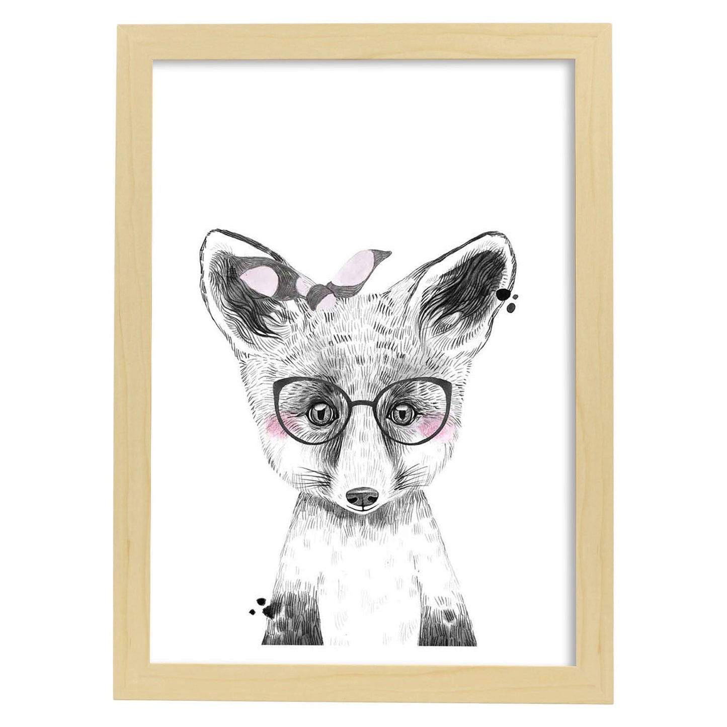 Lámina infantil Zorro infantil con gafas y pañuelo rosa poster animales infantiles-Artwork-Nacnic-A4-Marco Madera clara-Nacnic Estudio SL