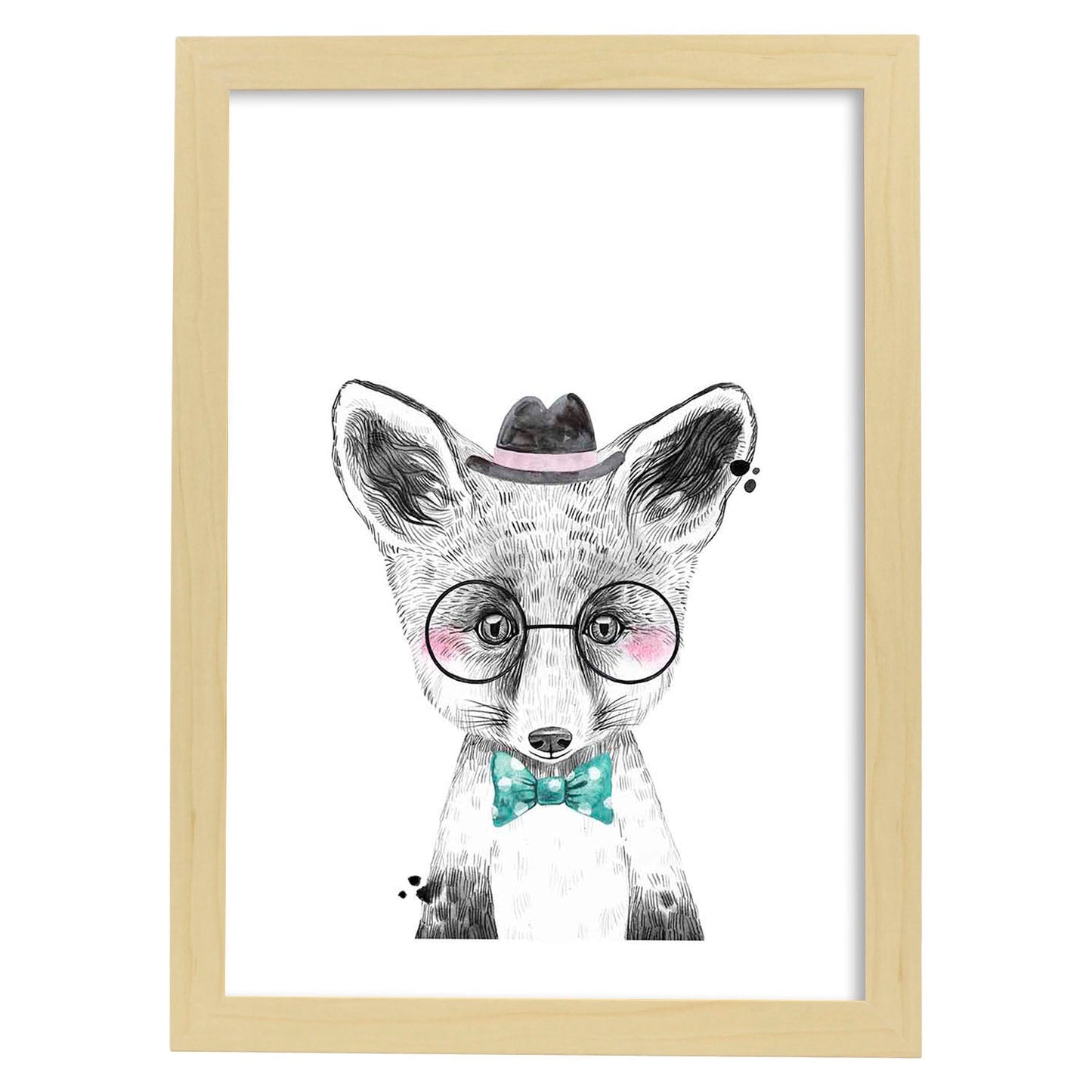 Lámina infantil Zorro infantil con sombrero gafas y pajarita poster animales infantiles-Artwork-Nacnic-A3-Marco Madera clara-Nacnic Estudio SL