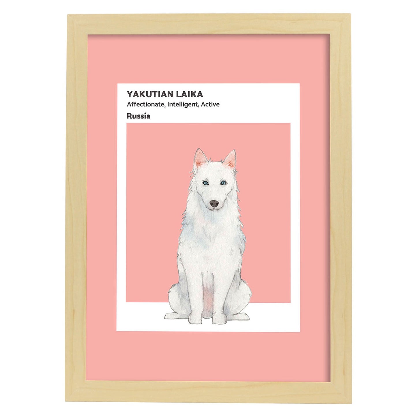 Lámina Laikan. Pósters con ilustraciones de razas de perro en tonos cálidos y pastel.-Artwork-Nacnic-A4-Marco Madera clara-Nacnic Estudio SL