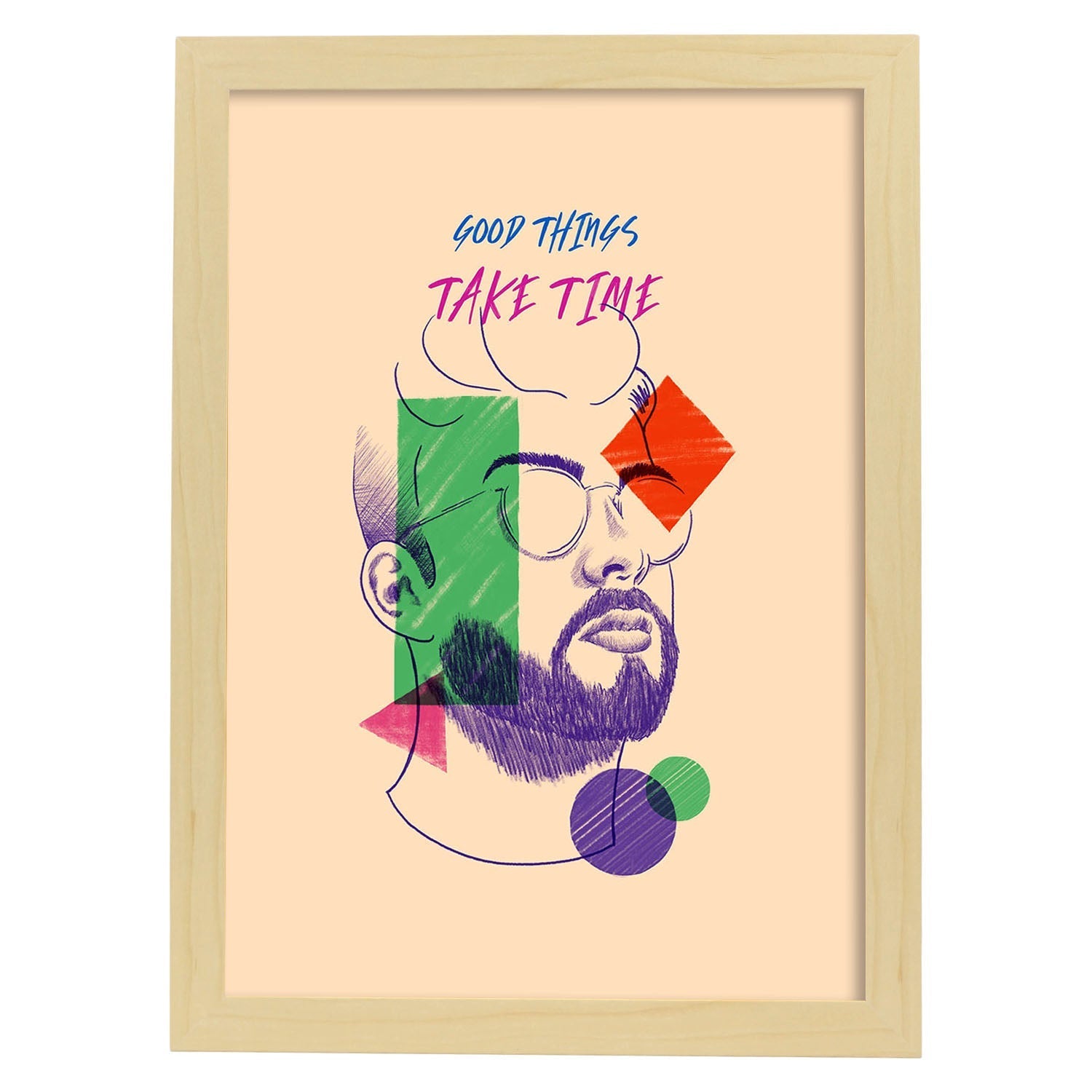 Lámina Las cosas buenas llevan tiempo. Pósters con mensaje. Bocetos de bustos minimalistas y coloridos.-Artwork-Nacnic-A3-Marco Madera clara-Nacnic Estudio SL