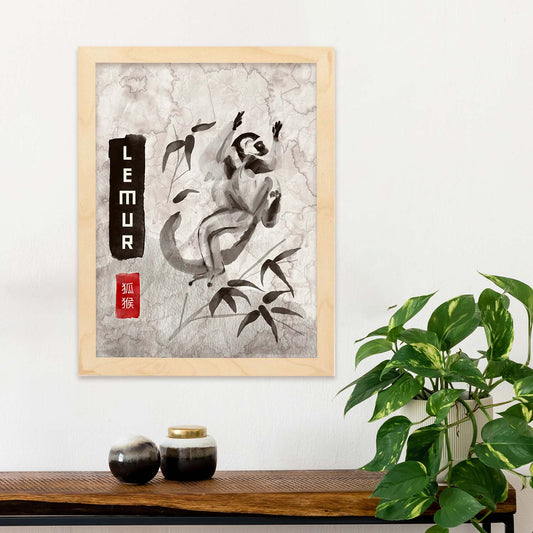 Lámina Lemur. Pósters en estilo Sumi-E. Imágenes vintage de animales en tonos grises.-Artwork-Nacnic-Nacnic Estudio SL