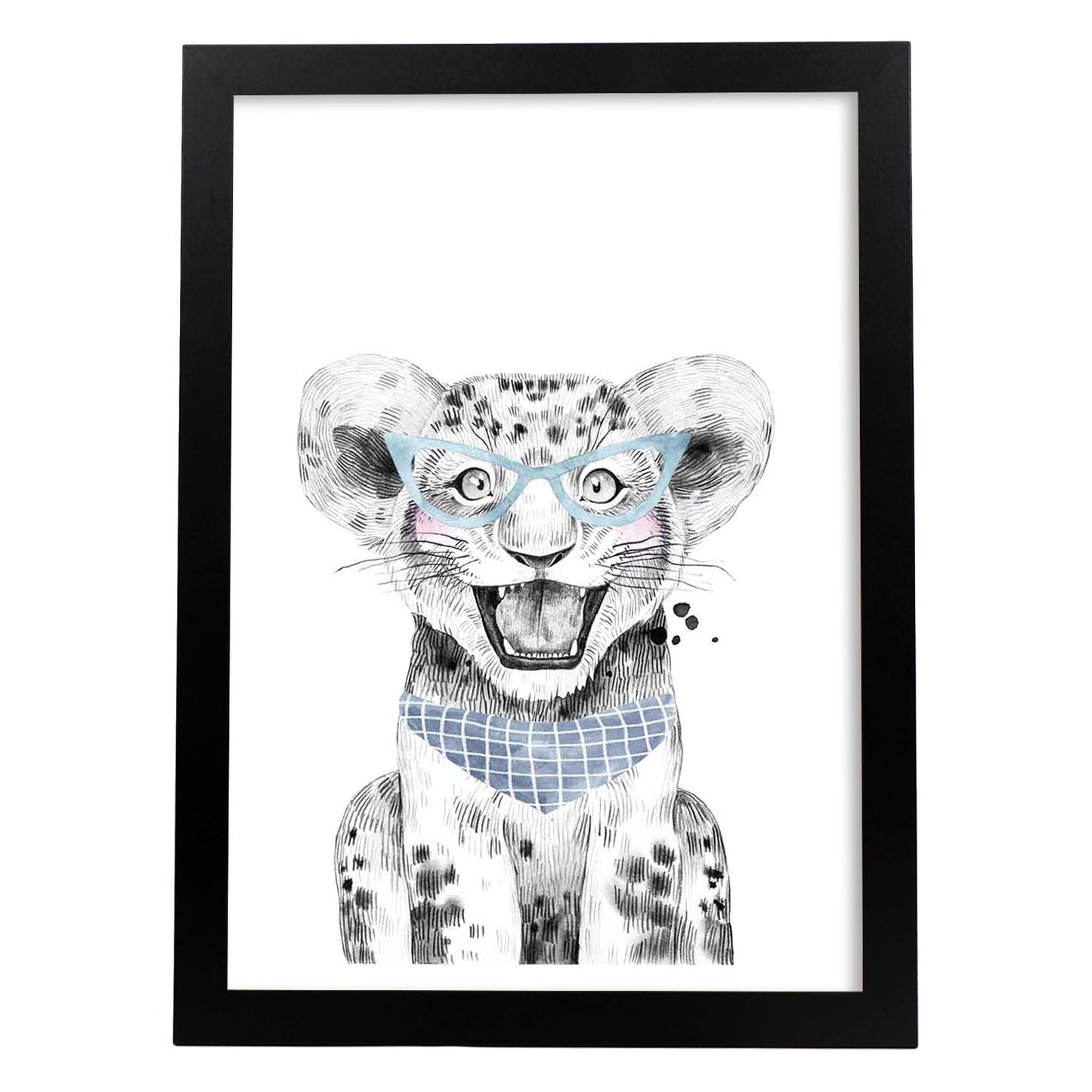 Lámina Leon infantil con gafas azules y pañuelo Poster animales infantiles-Artwork-Nacnic-A3-Marco Negro-Nacnic Estudio SL