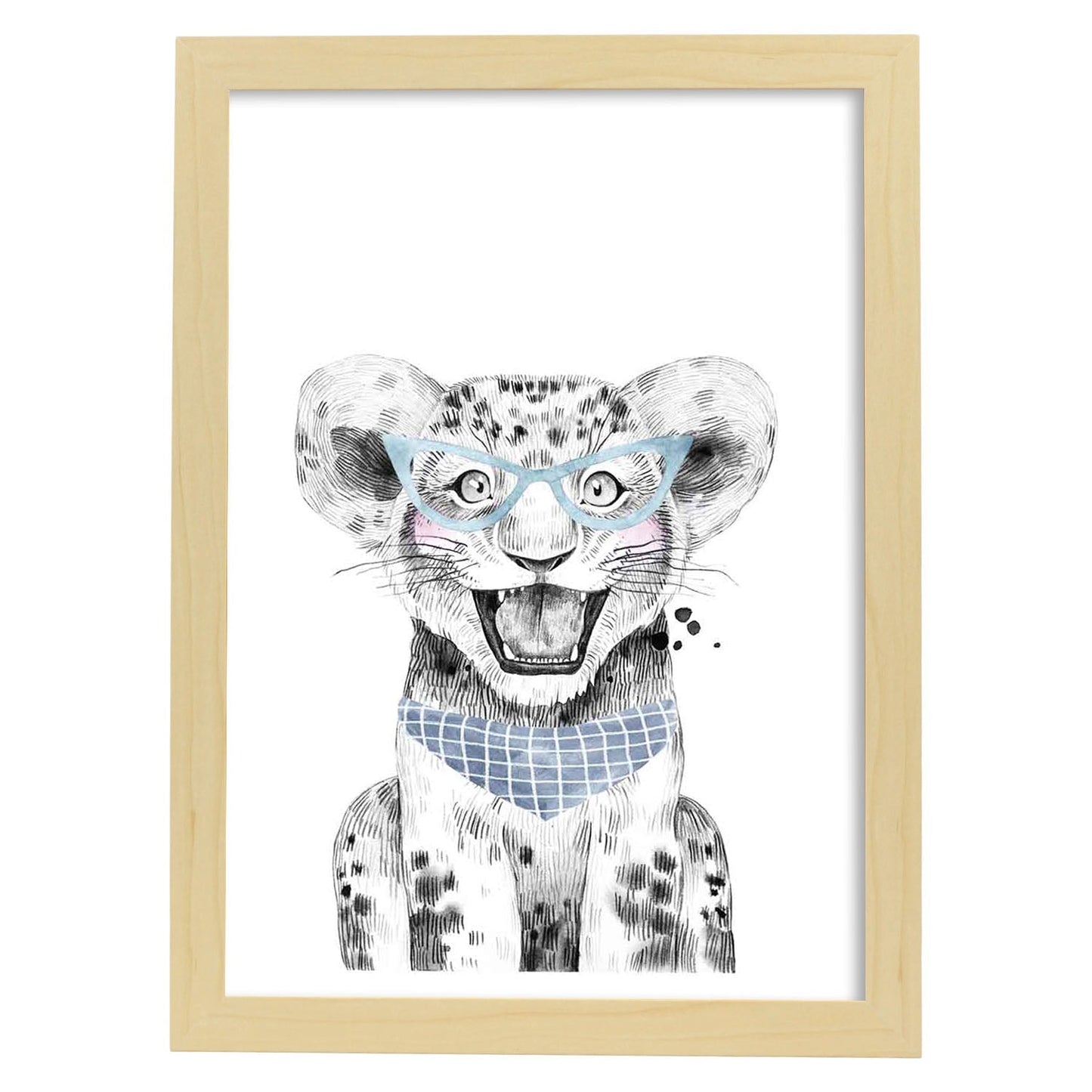 Lámina Leon infantil con gafas azules y pañuelo Poster animales infantiles-Artwork-Nacnic-A4-Marco Madera clara-Nacnic Estudio SL