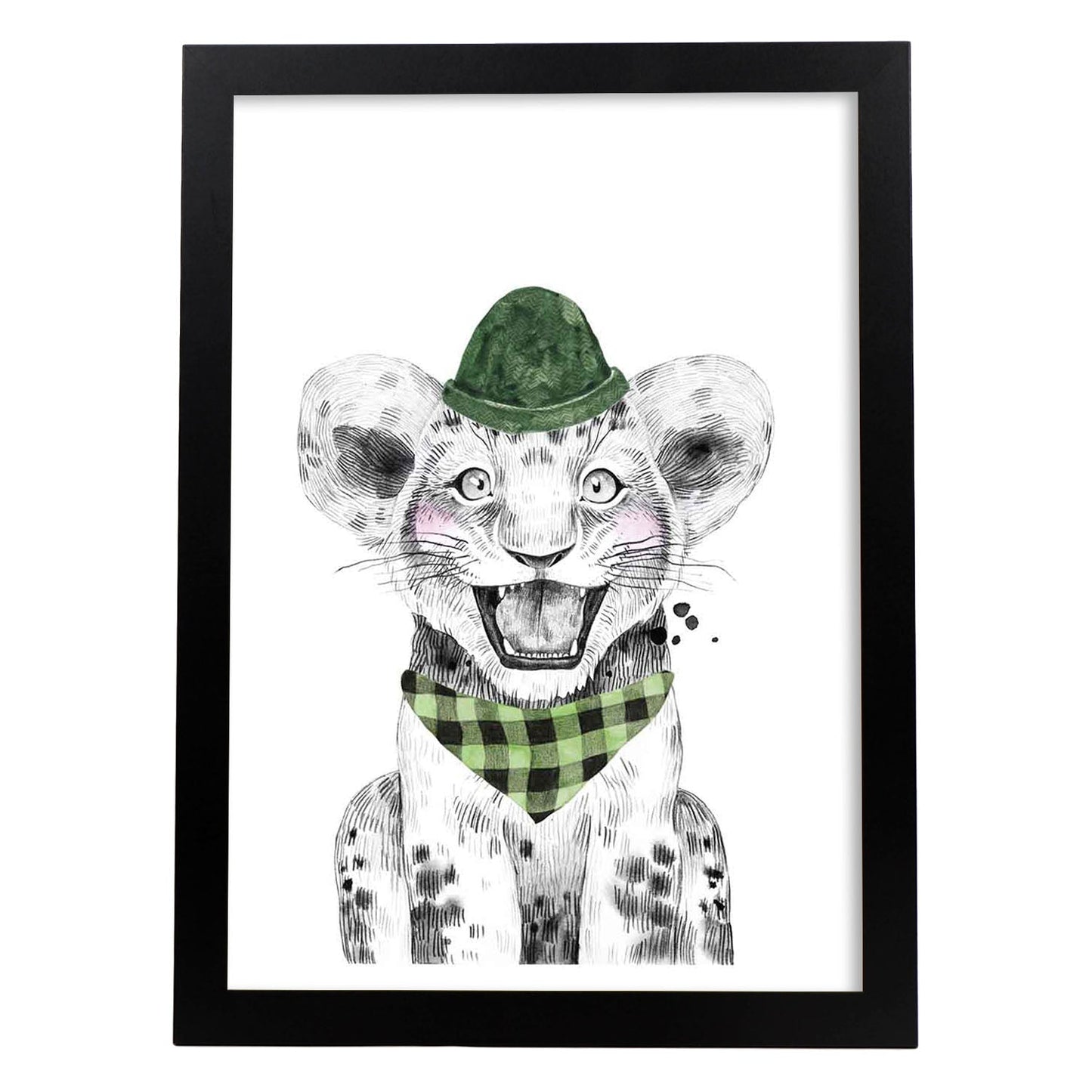 Lámina Leon infantil con gorro y bandana Poster animales infantiles-Artwork-Nacnic-A3-Marco Negro-Nacnic Estudio SL