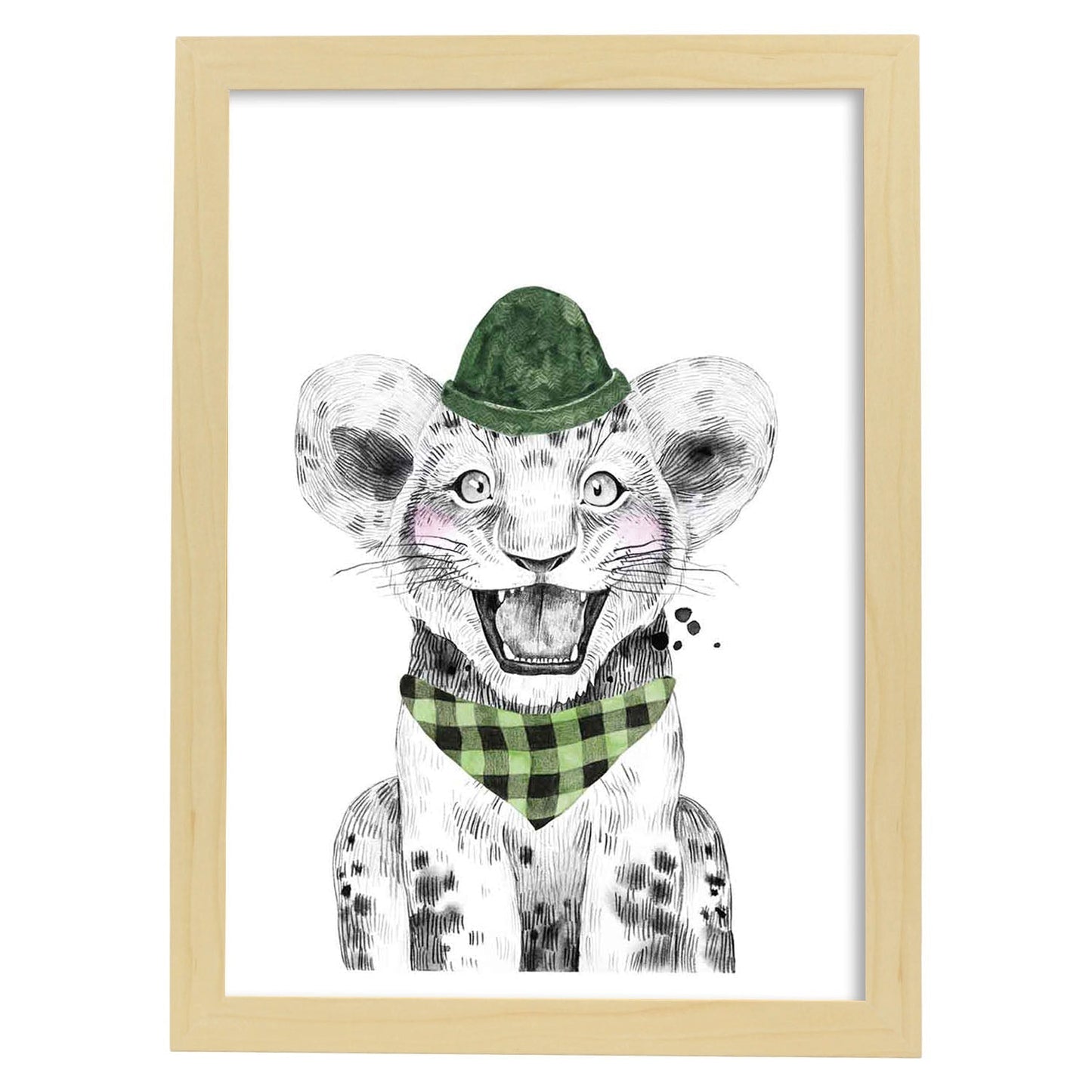 Lámina Leon infantil con gorro y bandana Poster animales infantiles-Artwork-Nacnic-A4-Marco Madera clara-Nacnic Estudio SL