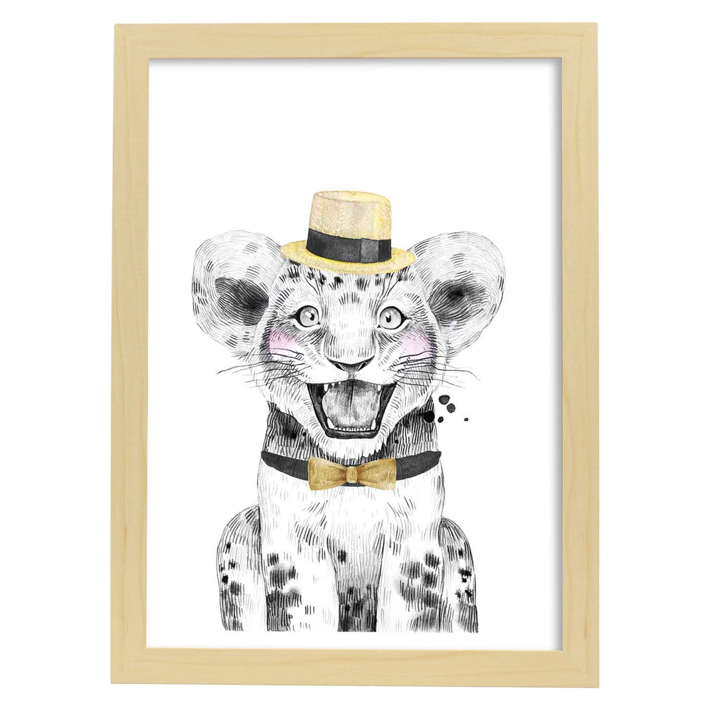 Lámina Leon infantil con sombrero y pajarita Poster animales infantiles-Artwork-Nacnic-A4-Marco Madera clara-Nacnic Estudio SL