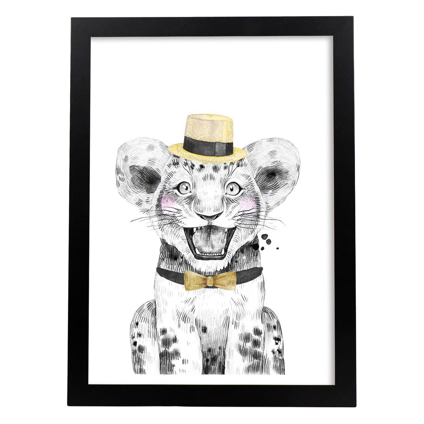 Lámina Leon infantil con sombrero y pajarita Poster animales infantiles-Artwork-Nacnic-A4-Marco Negro-Nacnic Estudio SL