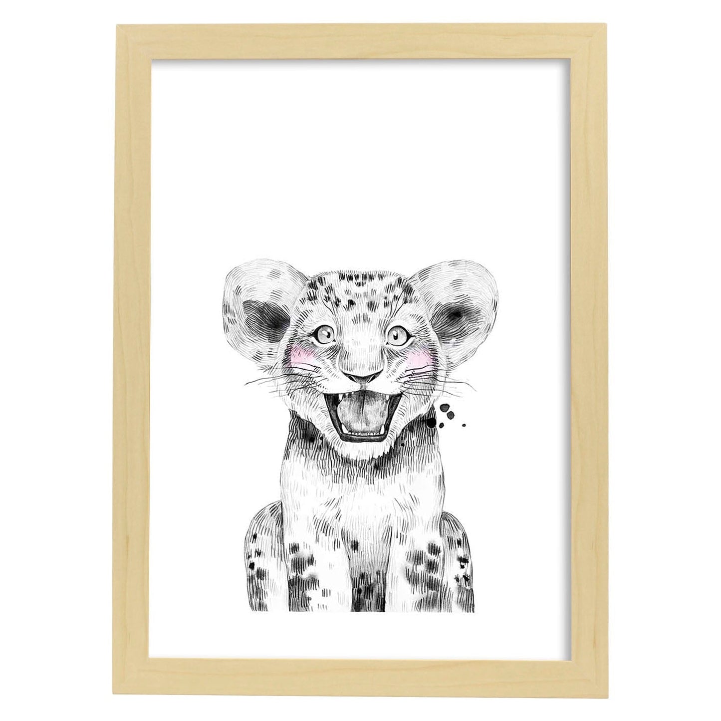 Lámina Leon infantil en blanco y negro Poster animales infantiles-Artwork-Nacnic-A4-Marco Madera clara-Nacnic Estudio SL