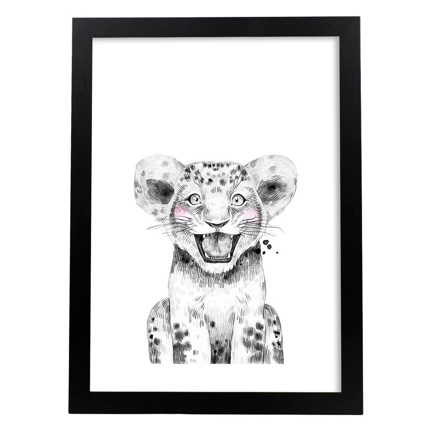 Lámina Leon infantil en blanco y negro Poster animales infantiles-Artwork-Nacnic-A4-Marco Negro-Nacnic Estudio SL