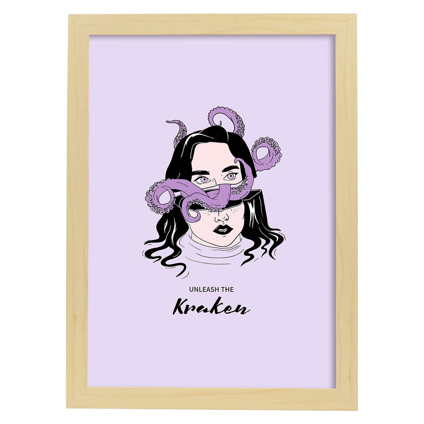 Lámina Libera al Kraken. Pósters con ilustraciones artísticas de cabezas de mujer.-Artwork-Nacnic-A3-Marco Madera clara-Nacnic Estudio SL