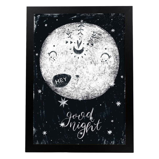 Lámina Luna boho Estilo nordico blanco y negro. Composiciones planetarias infantiles.-Artwork-Nacnic-A4-Marco Negro-Nacnic Estudio SL
