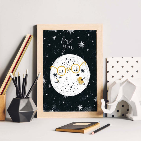 Lámina Luna libro Estilo nordico blanco y negro. Composiciones planetarias infantiles.-Artwork-Nacnic-Nacnic Estudio SL