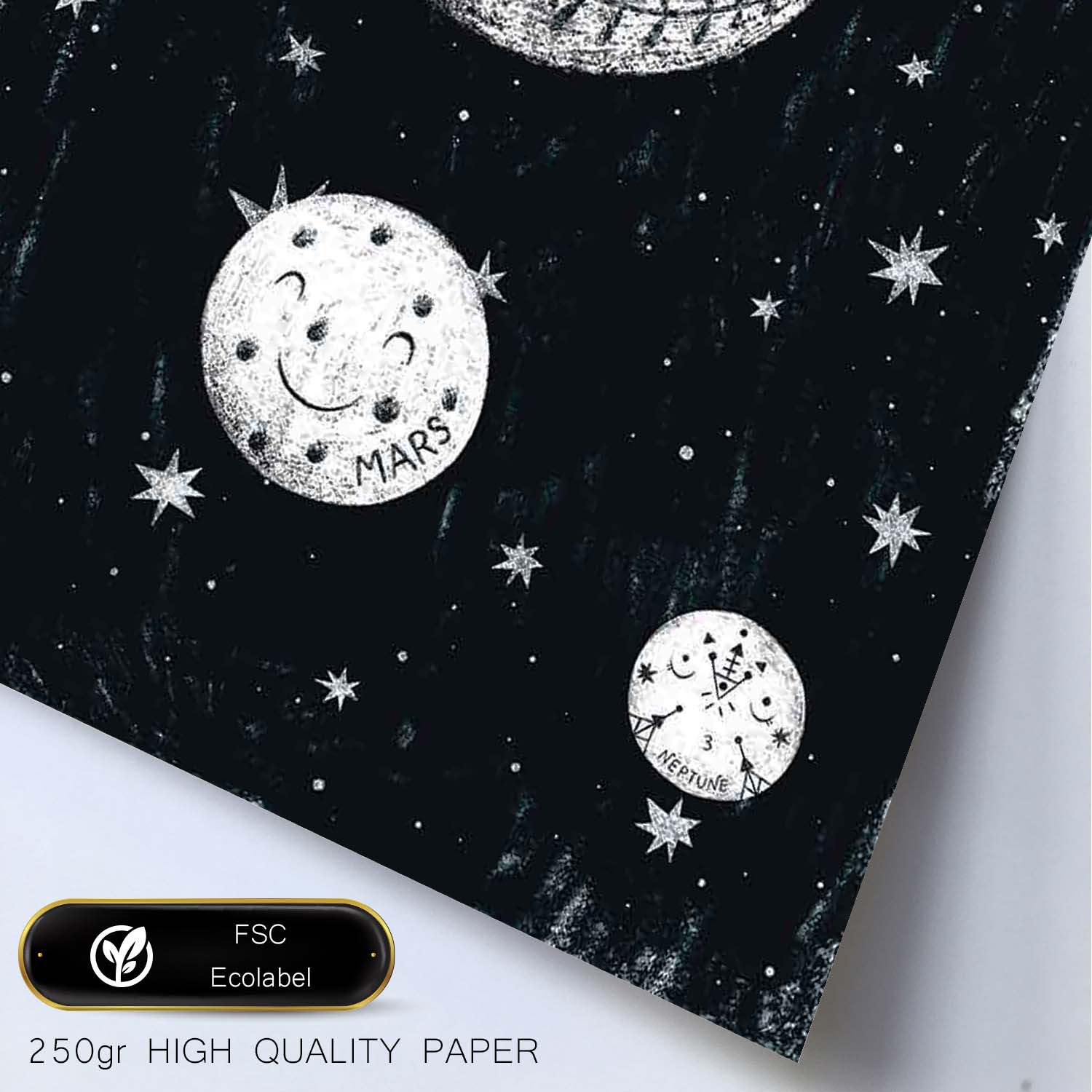 Lámina Luna y planetas Estilo nordico blanco y negro. Composiciones planetarias infantiles.-Artwork-Nacnic-Nacnic Estudio SL