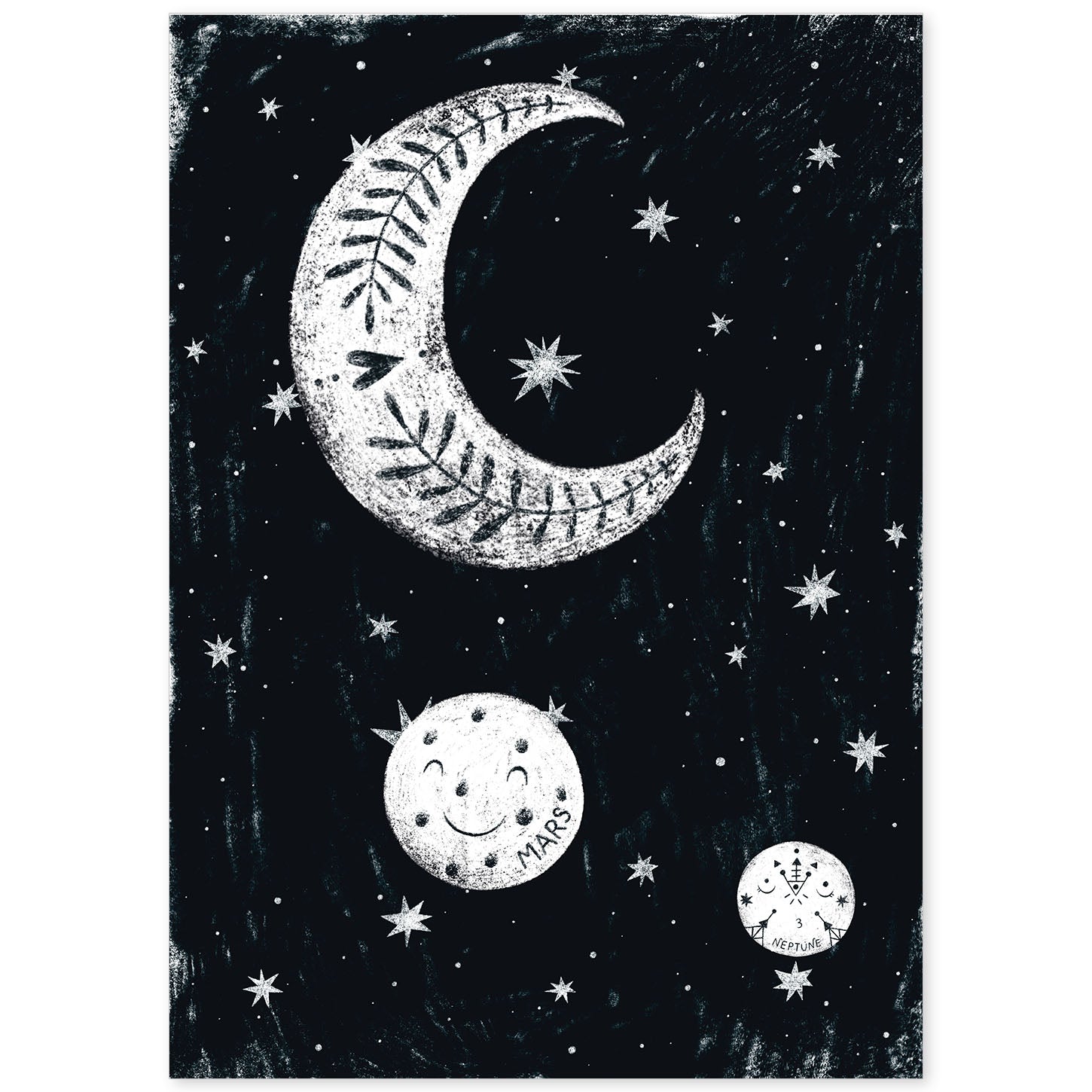 Lámina Luna y planetas Estilo nordico blanco y negro. Composiciones planetarias infantiles.-Artwork-Nacnic-A4-Sin marco-Nacnic Estudio SL