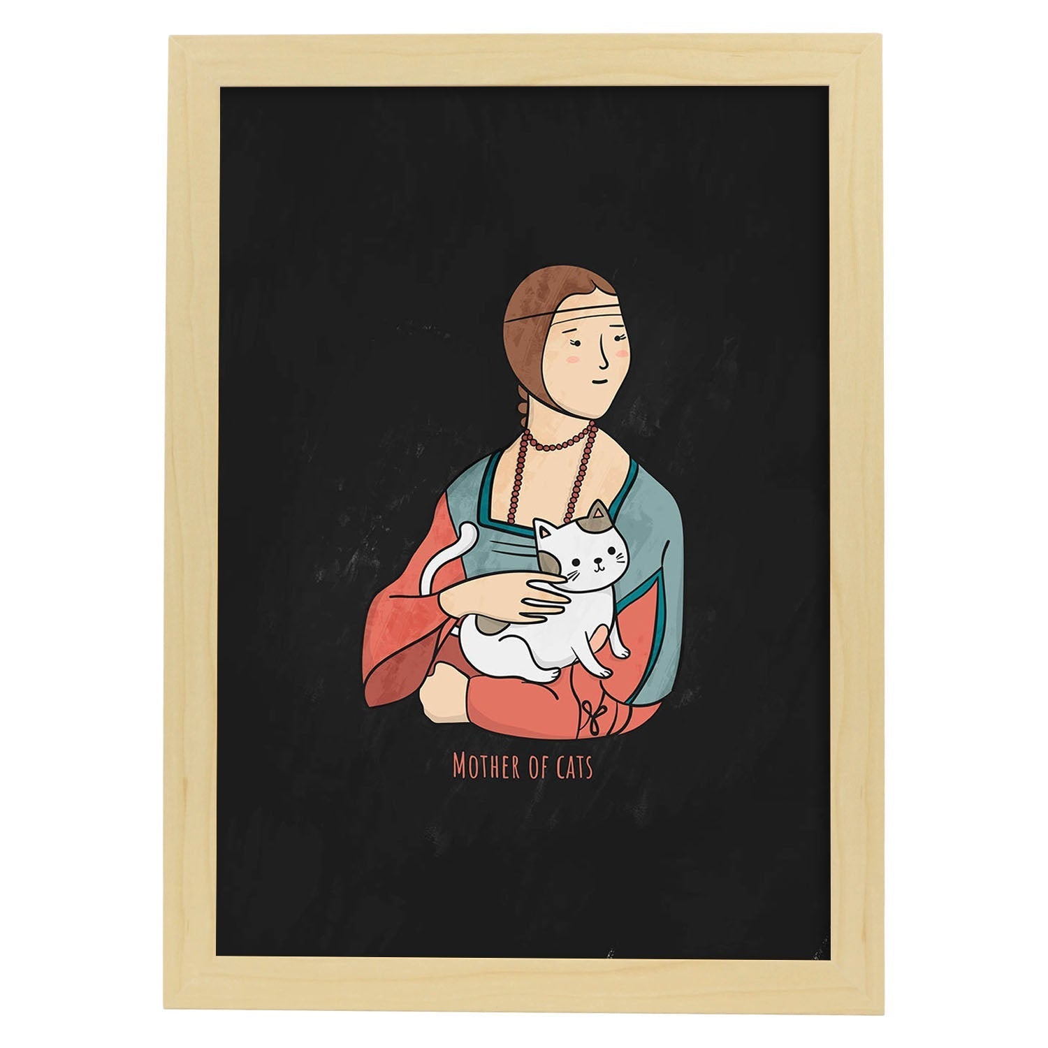Lámina Madre de gatos. Pósters de gatos con divertidas referencias al mundo del arte.-Artwork-Nacnic-A3-Marco Madera clara-Nacnic Estudio SL
