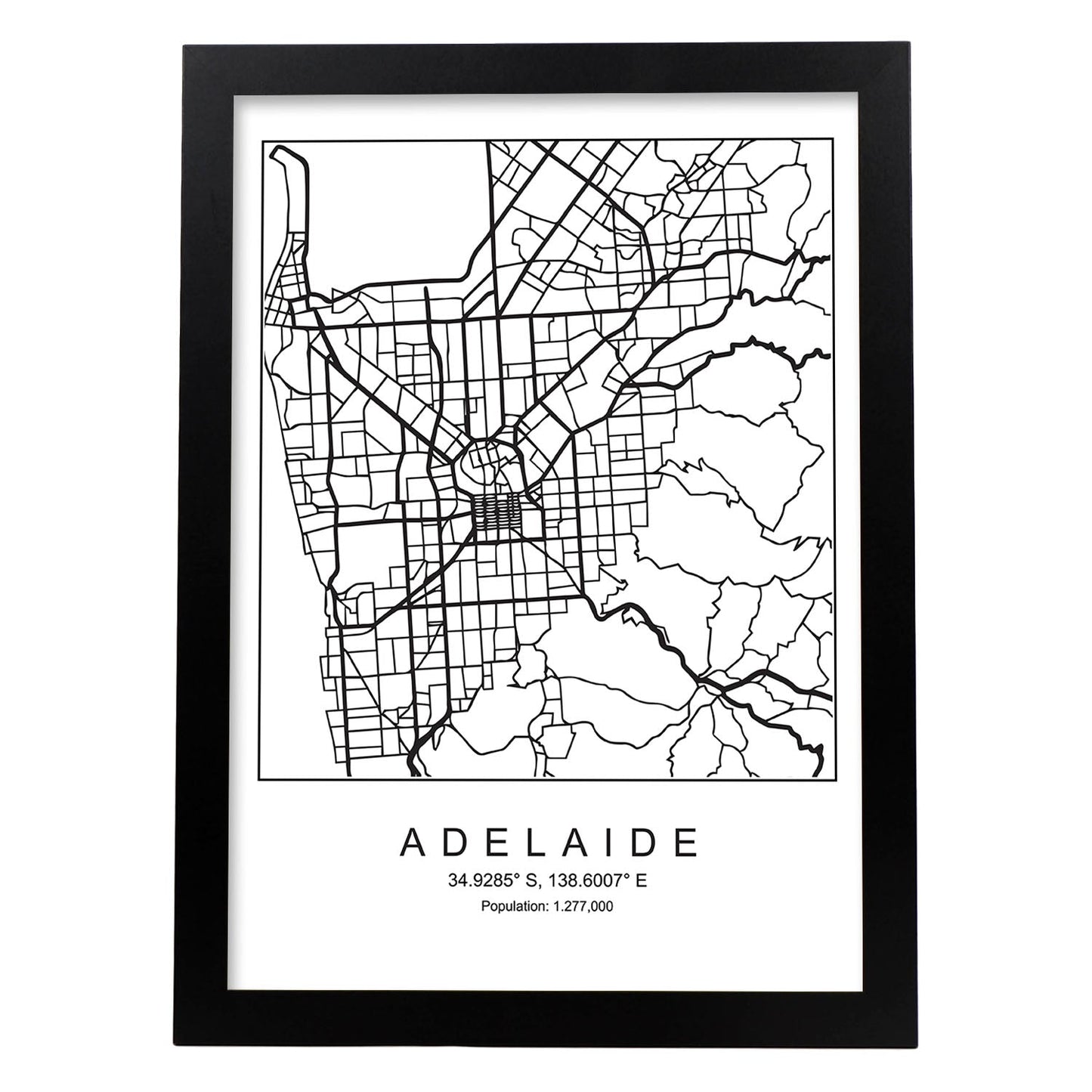 Lámina mapa de la ciudad Adelaide estilo nordico en blanco y negro.-Artwork-Nacnic-A4-Marco Negro-Nacnic Estudio SL