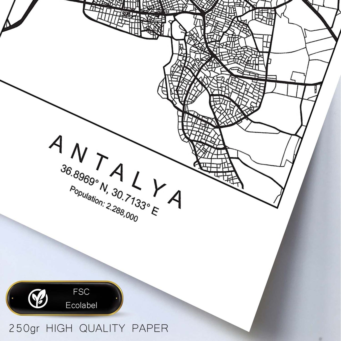 Lámina mapa de la ciudad Antalya estilo nordico en blanco y negro.-Artwork-Nacnic-Nacnic Estudio SL