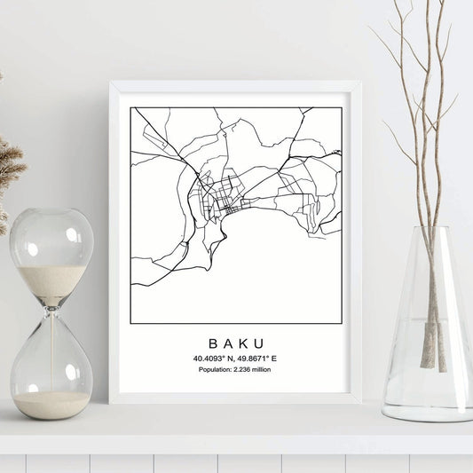 Lámina mapa de la ciudad Baku estilo nordico en blanco y negro.-Artwork-Nacnic-Nacnic Estudio SL