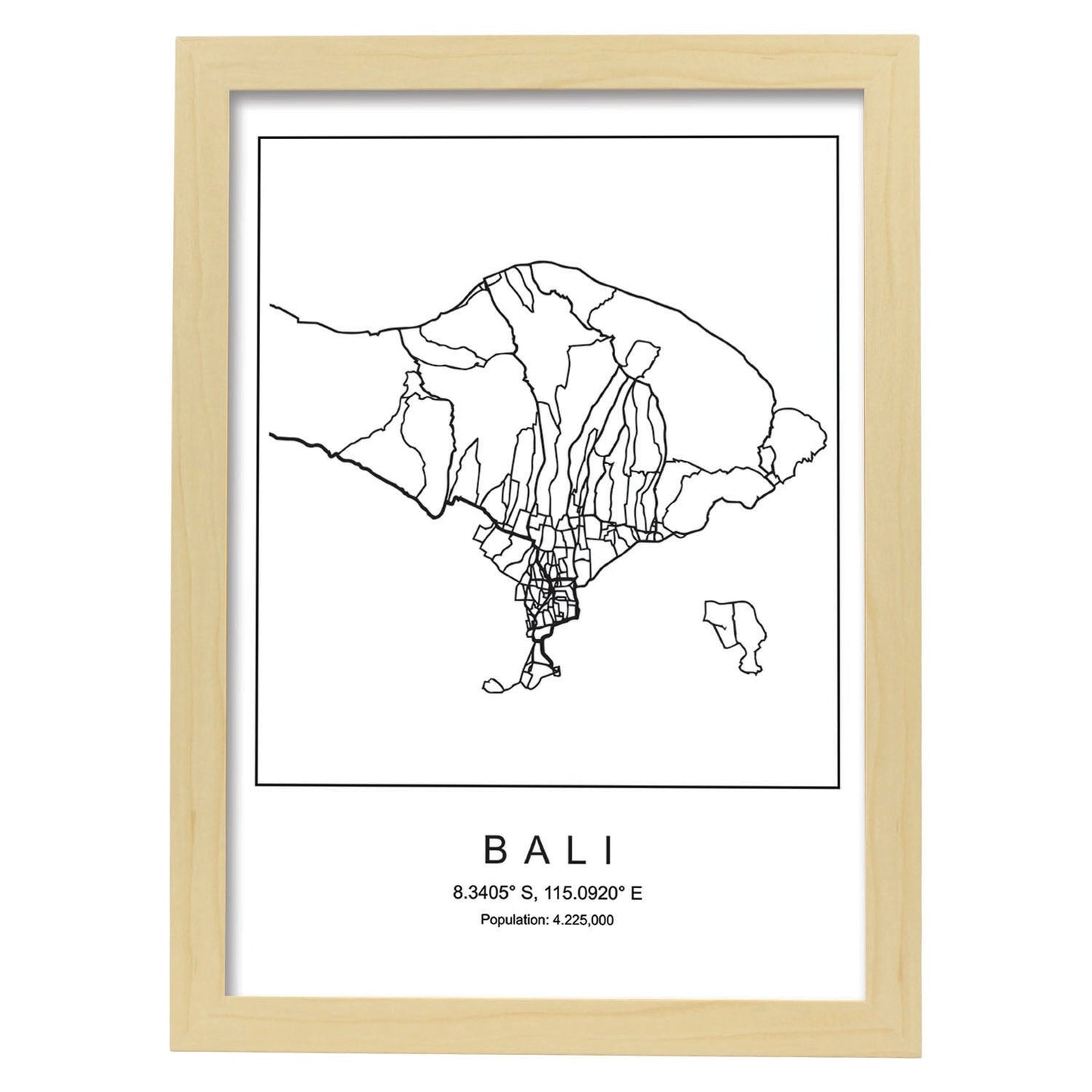 Lámina mapa de la ciudad Bali estilo nordico en blanco y negro.-Artwork-Nacnic-A3-Marco Madera clara-Nacnic Estudio SL