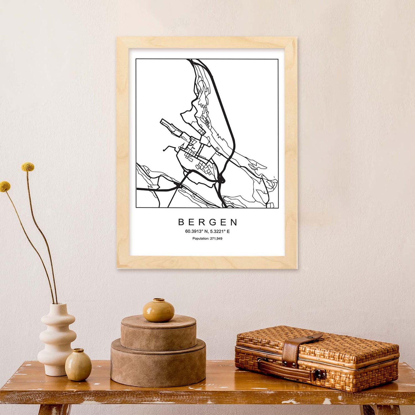 Lámina mapa de la ciudad Bergen estilo nordico en blanco y negro.-Artwork-Nacnic-Nacnic Estudio SL