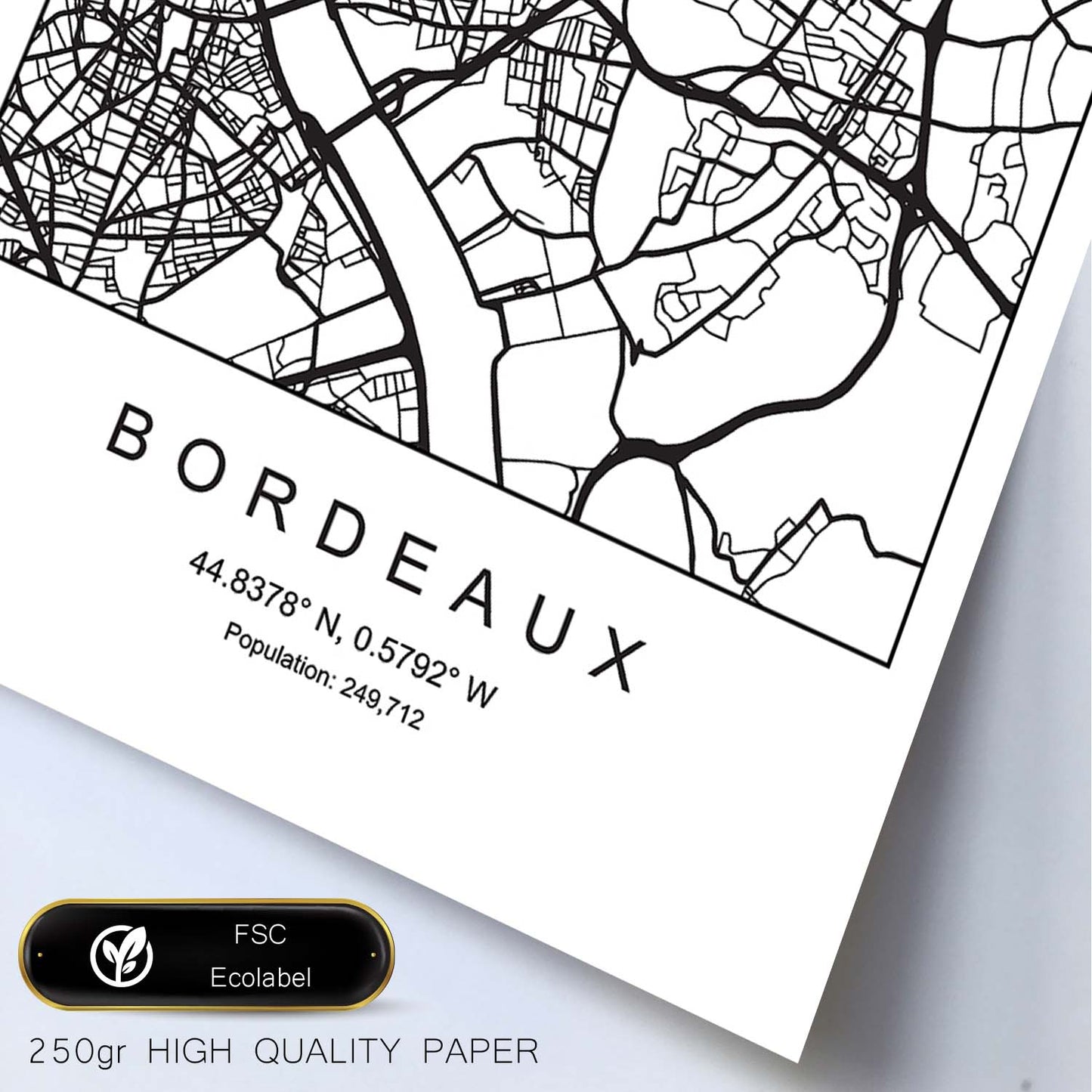 Lámina mapa de la ciudad Bordeaux estilo nordico en blanco y negro.-Artwork-Nacnic-Nacnic Estudio SL