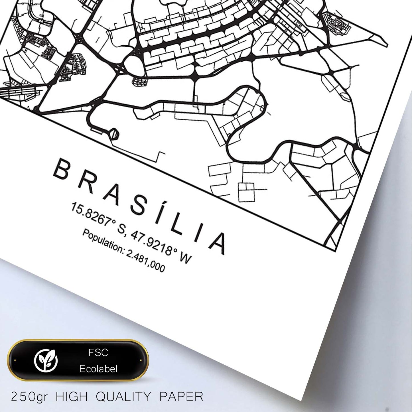 Lámina mapa de la ciudad Brasilia estilo nordico en blanco y negro.-Artwork-Nacnic-Nacnic Estudio SL