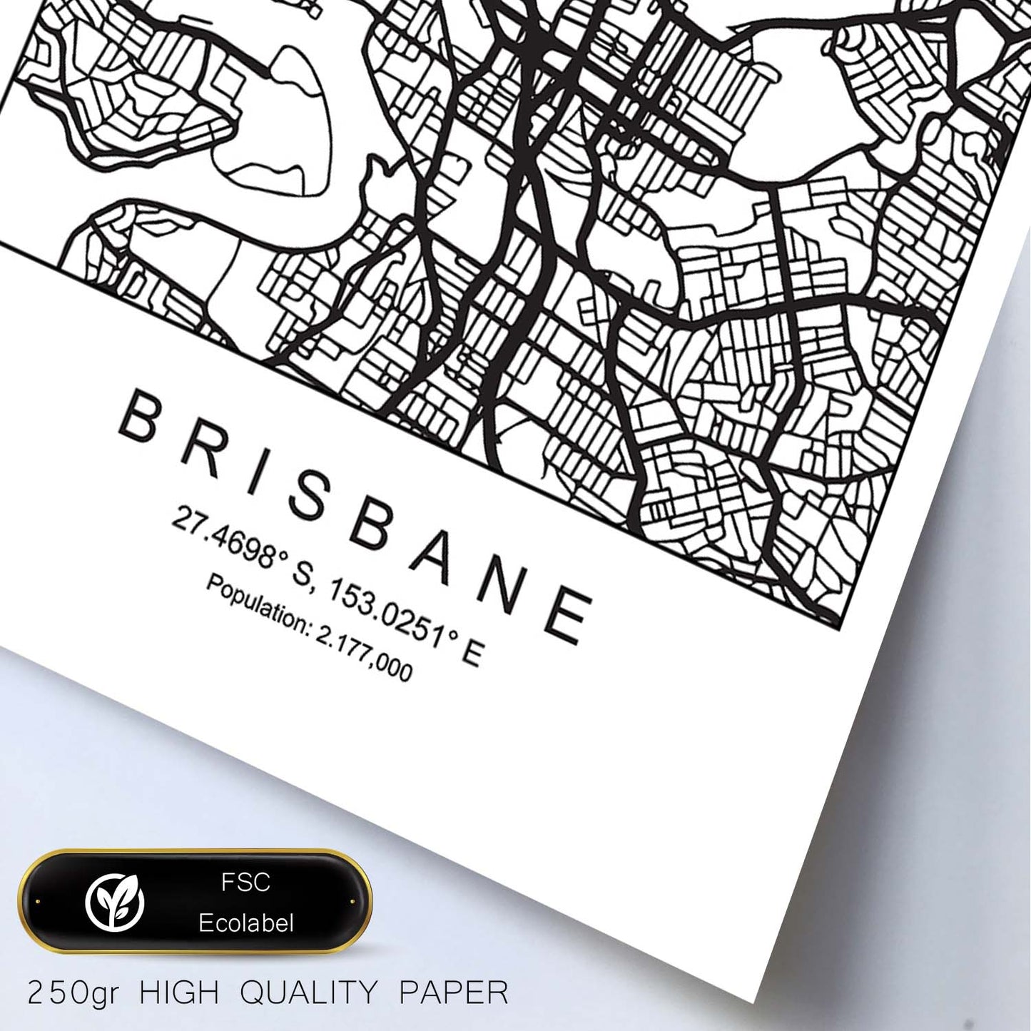 Lámina mapa de la ciudad Brisbane estilo nordico en blanco y negro.-Artwork-Nacnic-Nacnic Estudio SL
