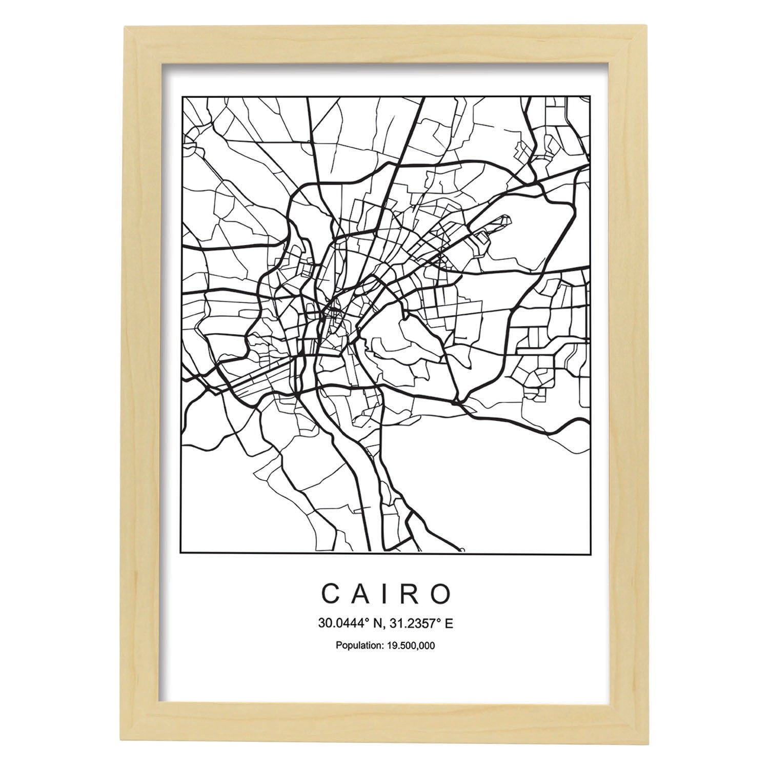 Lámina mapa de la ciudad Cairo estilo nordico en blanco y negro.-Artwork-Nacnic-A4-Marco Madera clara-Nacnic Estudio SL