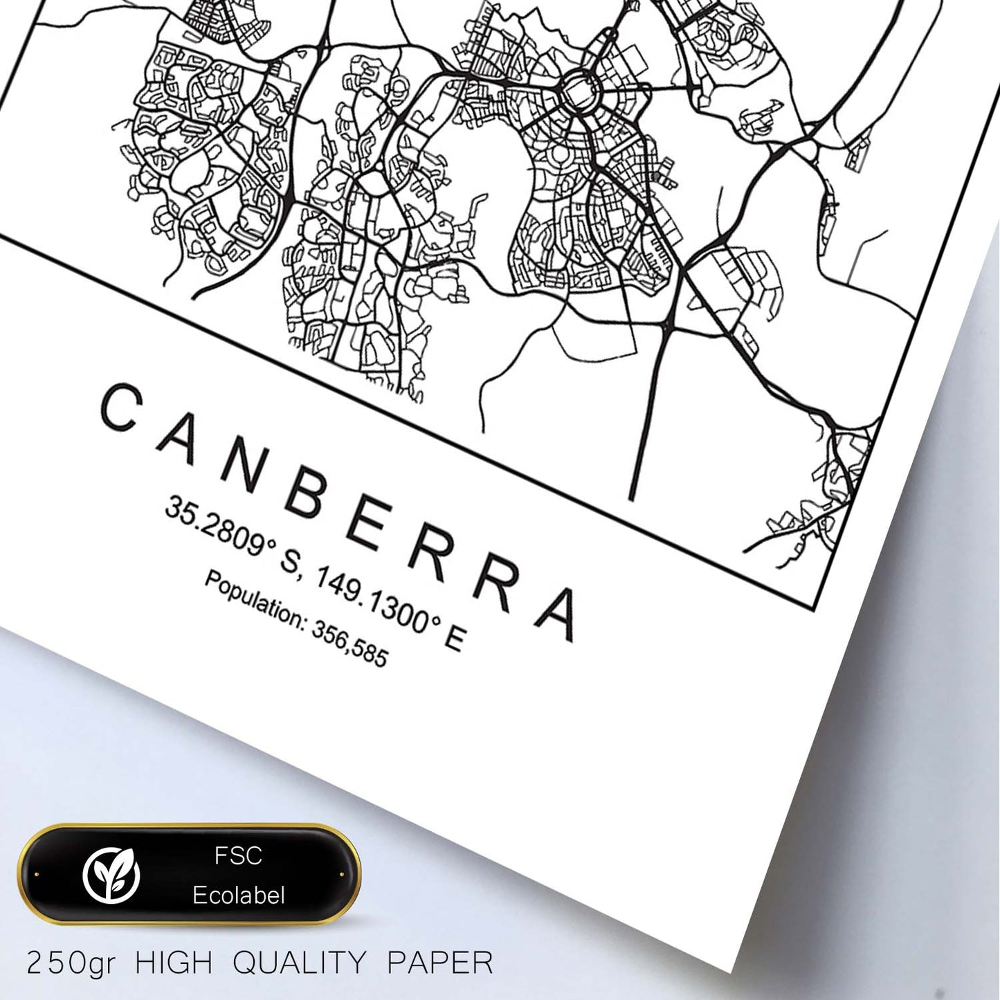 Lámina mapa de la ciudad Canberra estilo nordico en blanco y negro.-Artwork-Nacnic-Nacnic Estudio SL