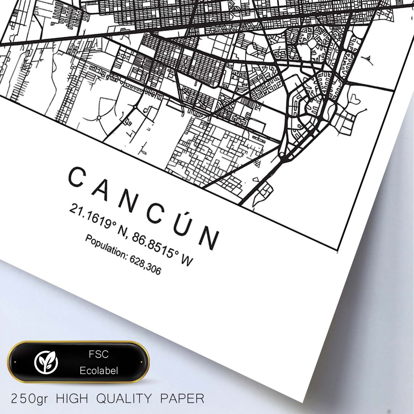 Lámina mapa de la ciudad Cancun estilo nordico en blanco y negro.-Artwork-Nacnic-Nacnic Estudio SL