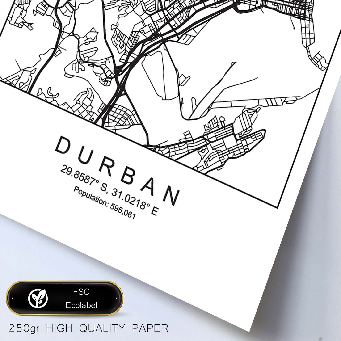 Lámina mapa de la ciudad Durban estilo nordico en blanco y negro.-Artwork-Nacnic-Nacnic Estudio SL