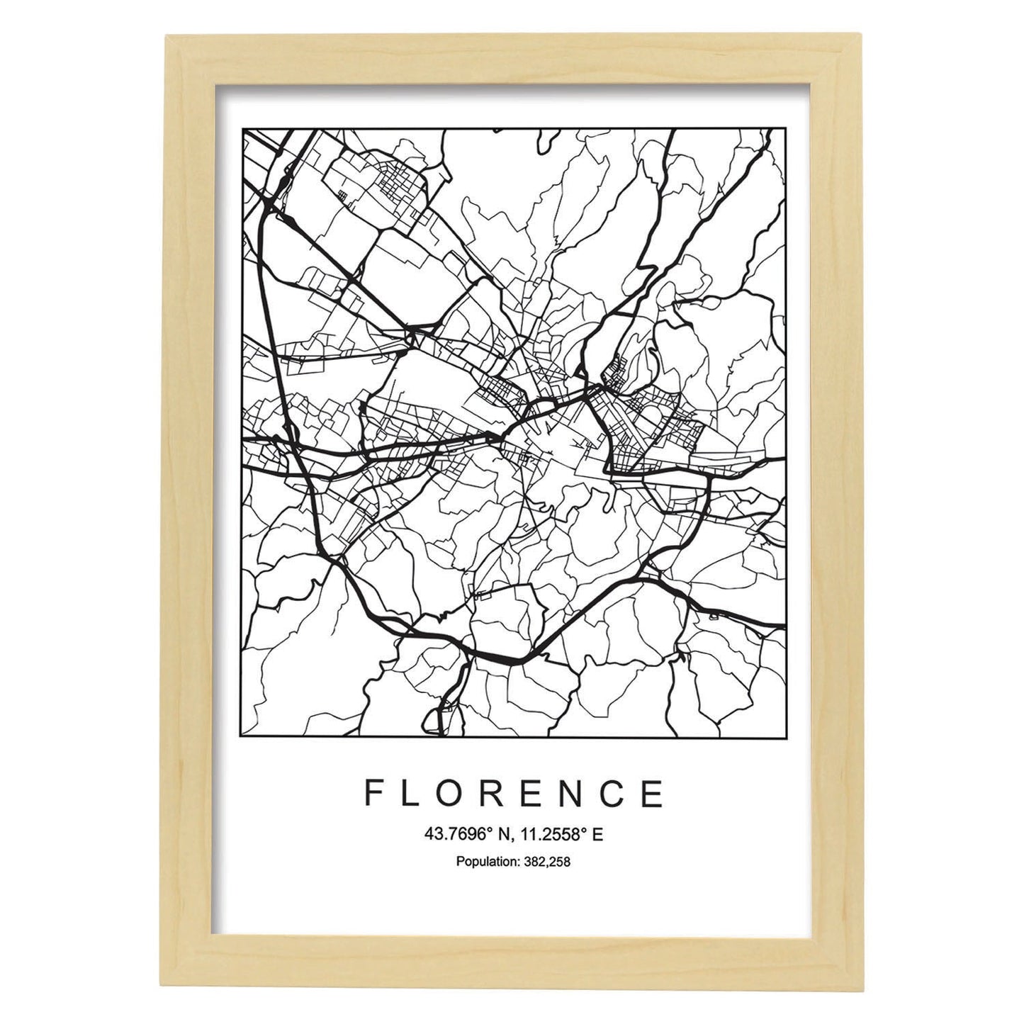 Lámina mapa de la ciudad Florence estilo nordico en blanco y negro.-Artwork-Nacnic-A4-Marco Madera clara-Nacnic Estudio SL